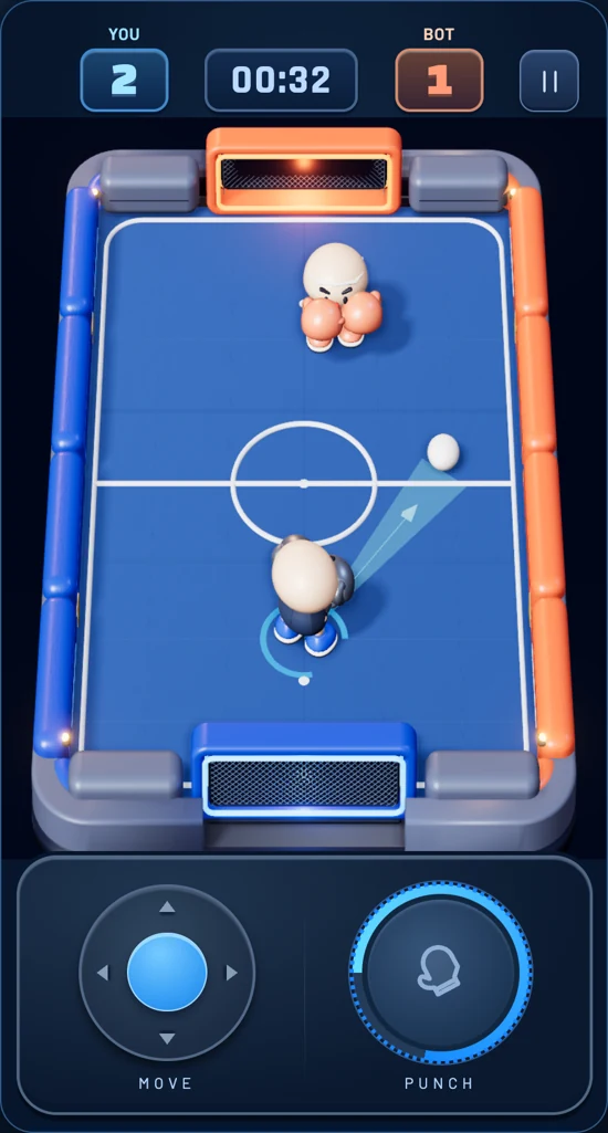 V2 gameplay preview: two boxers face off on a blue court with a ball, goals, move control and punch button